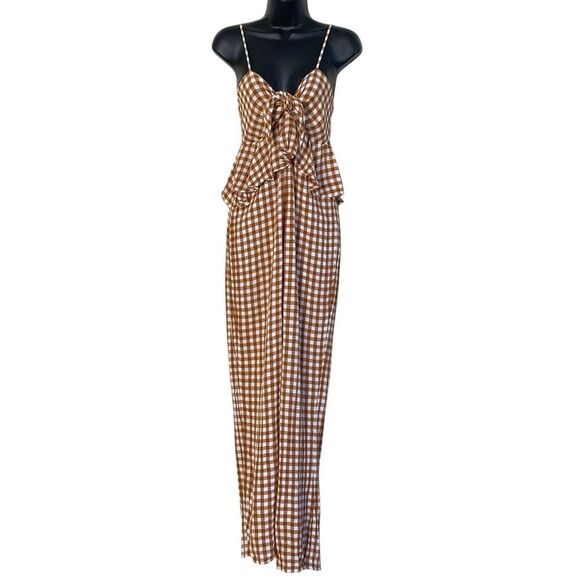 Saylor Laken Sparrow Brown White Gingham Peplum Tie Front Jumpsuit Sz M - Picture 4 of 16